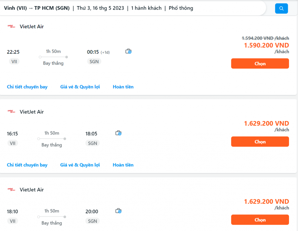 Giá vé máy bay Vinh Sài Gòn của hãng Vietjet | Nguồn: Traveloka