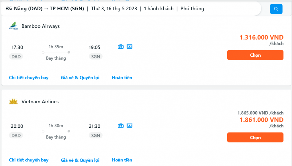 Giá vé máy bay Đà Nẵng Sài Gòn của hãng Vietnam airlines và Bamboo Airways | Nguồn: Traveloka
