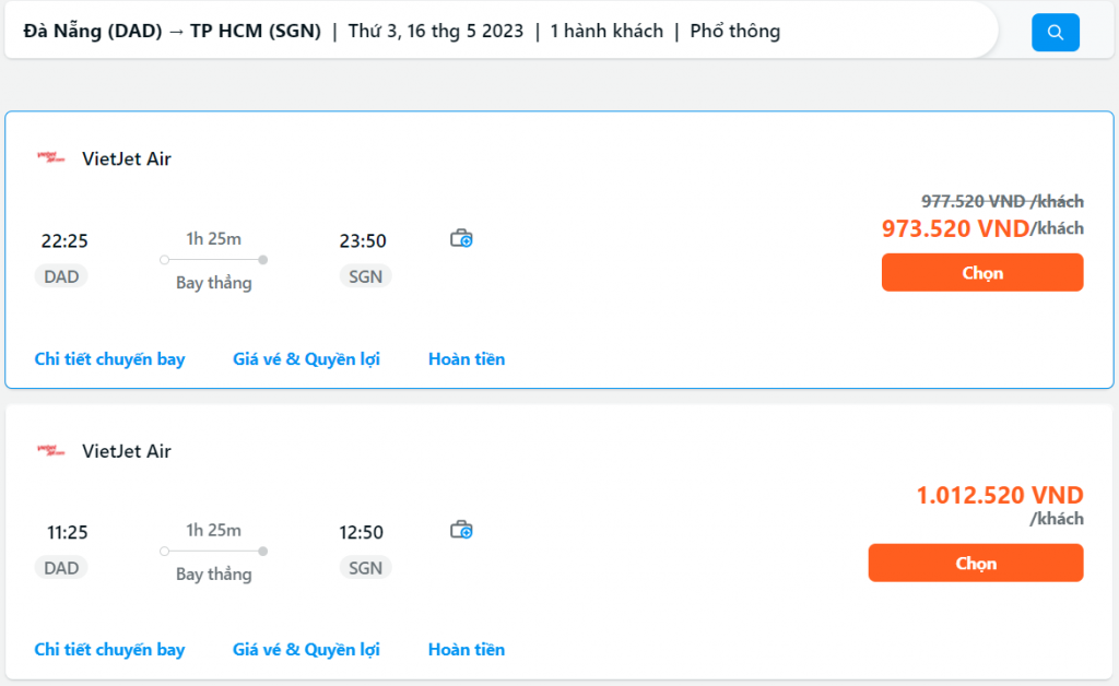 Giá vé máy bay Đà Nẵng Sài Gòn của hãng Vietjet | Nguồn: Traveloka